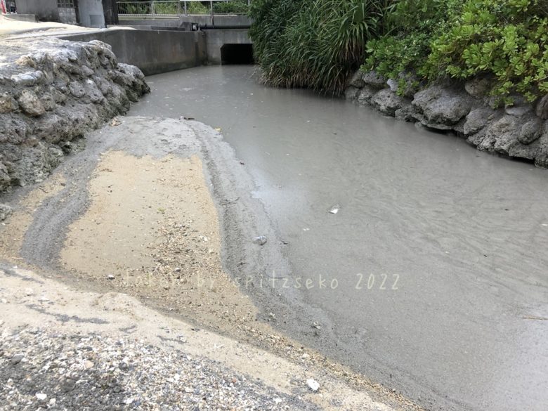2022/3/25現在、沖縄恩納村マリブビーチ西端の川の軽石状況