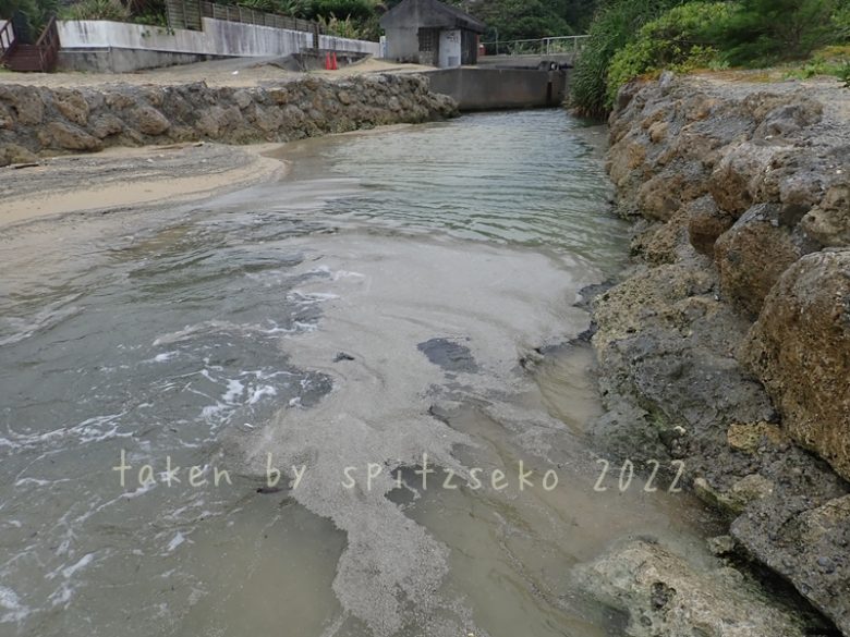 2022/3/2現在、沖縄恩納村マリブビーチ西端の川の軽石軽石状況