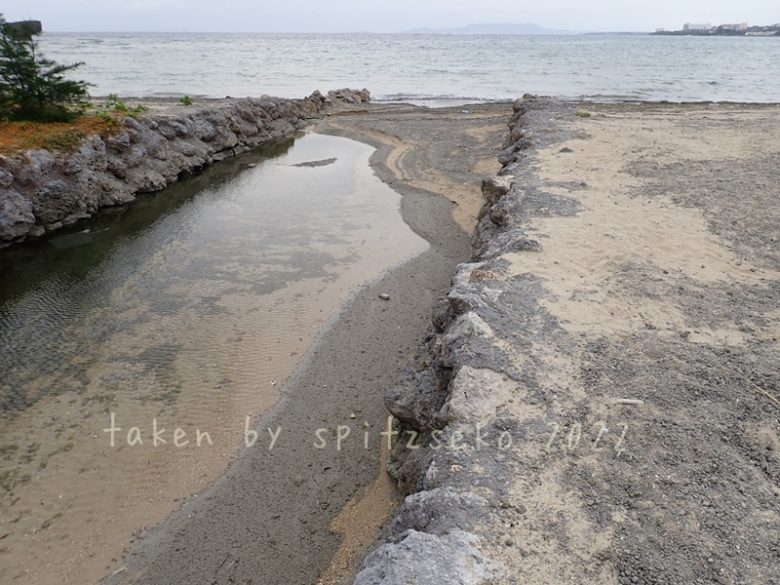 2022/3/7現在、沖縄恩納村マリブビーチ西端の川の軽石状況