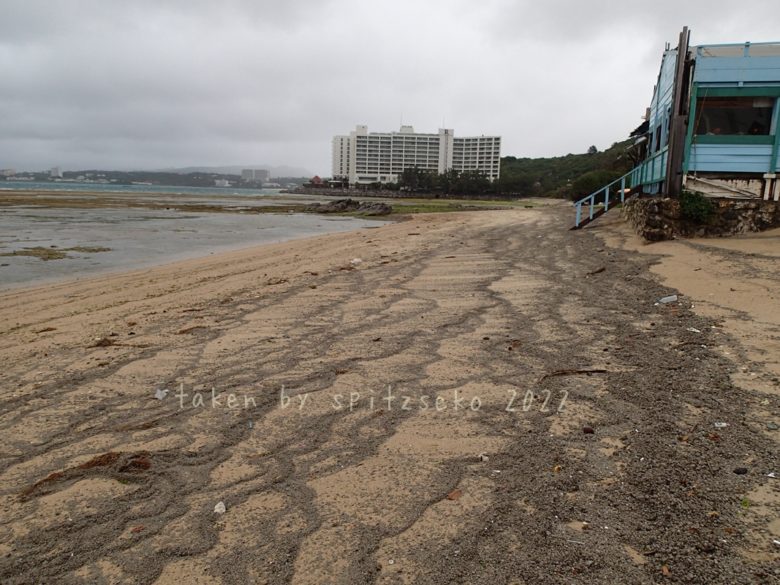 2022/3/23現在、沖縄恩納村マリブビーチ正面、出入り口付近の軽石状況
