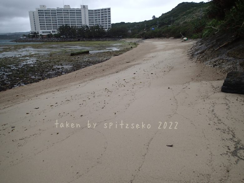 2022/3/23現在、沖縄恩納村マリブビーチ最東端の軽石状況