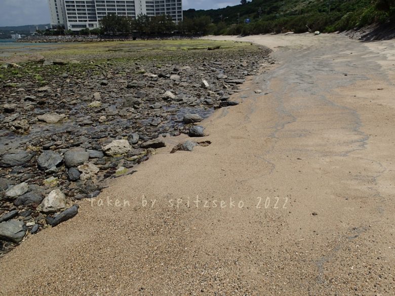 2022/4/16現在、沖縄恩納村マリブビーチ最東端の軽石状況
