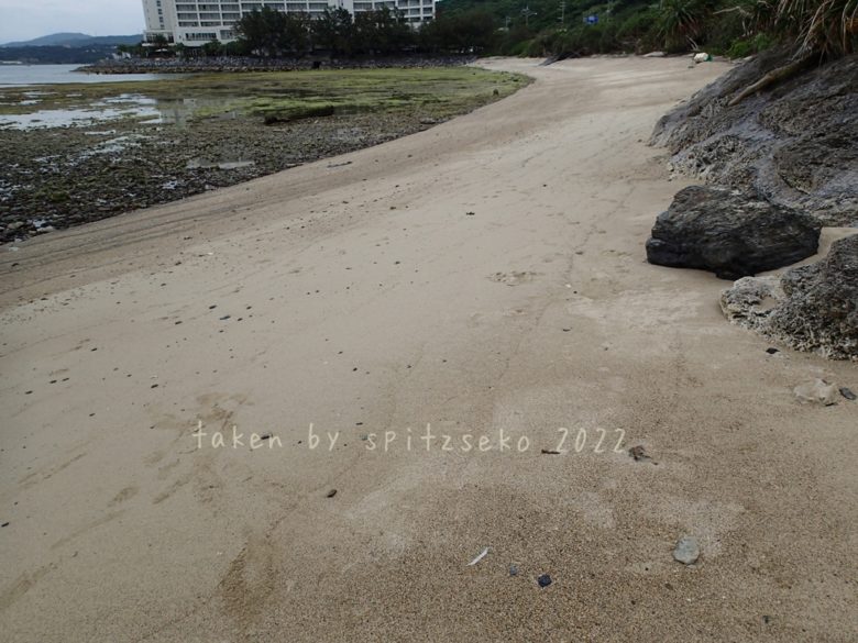 2022/4/18現在、沖縄恩納村マリブビーチ最東端の軽石状況