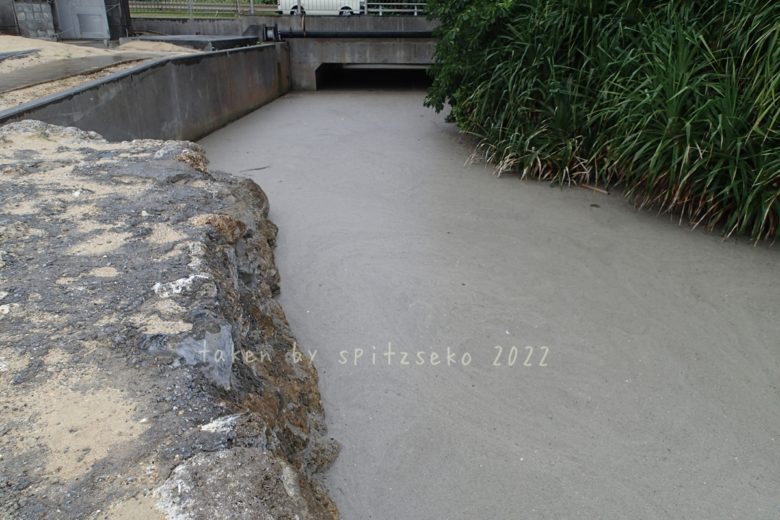 2022/4/24現在、沖縄恩納村マリブビーチ西端の川の軽石状況